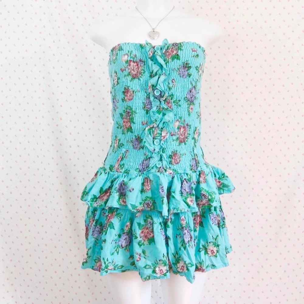 vintage y2k chesley aqua floral smocked tube mini dress tiered ruffle coquette